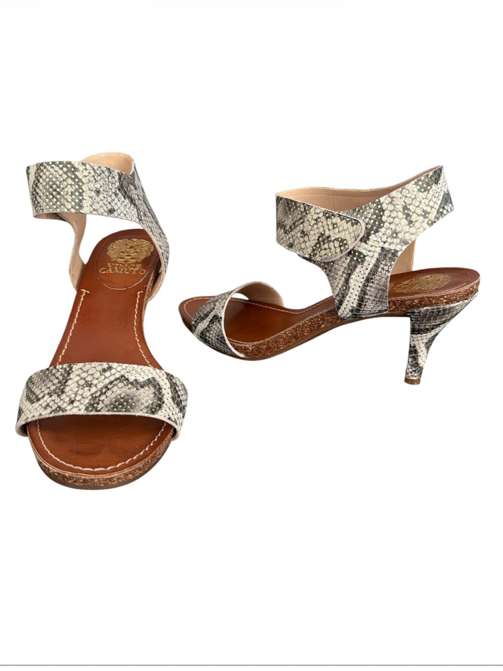 Vince Camuto Olinsa Snakeskin Metallic Gold Ankle Strap Kitten Heel Sandal 8.5